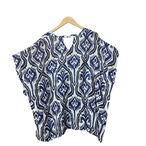Chico's Washed Linen Poncho in Blue and White Pattern - Size L/XL - Picture 2 of 8